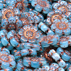 8pcs Czech Pressed Glass Flat Flower Beads 14mm Aqua Opal Bronze Fired Color