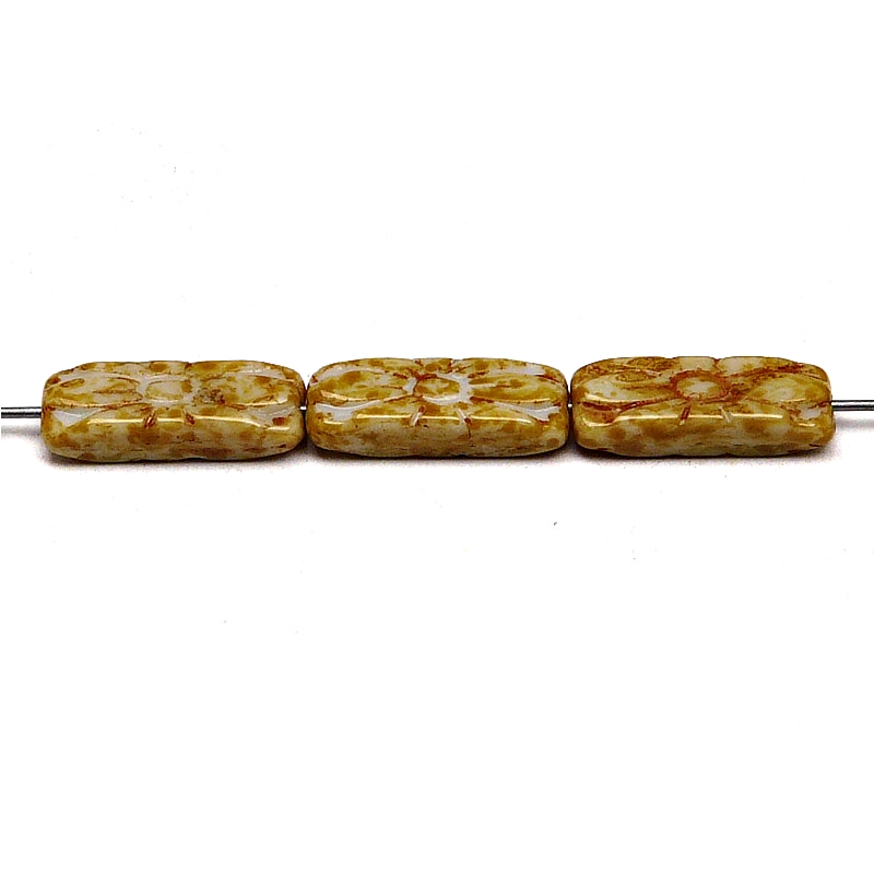 8pcs Czech Pressed Glass Rectangular Beads with Floral Motif 20x8mm Opaque Gray Travertin