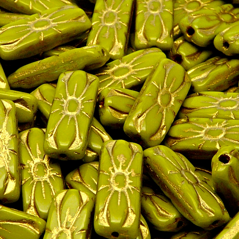 8pcs Czech Pressed Glass Rectangular Beads with Floral Motif 20x8mm Opaque Olivine Golden Fired Color