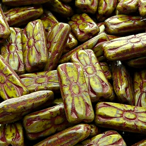 8pcs Czech Pressed Glass Rectangular Beads with Floral Motif 20x8mm Opaque Olivine Travertin Red Fired Color