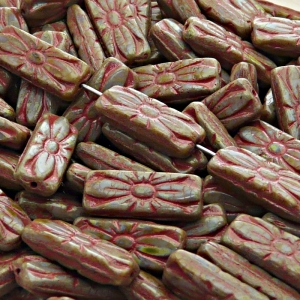 8pcs Czech Pressed Glass Rectangular Beads with Floral Motif 20x8mm Opaque Amethyst Travertin Pink Fired Color