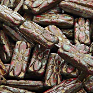 8pcs Czech Pressed Glass Rectangular Beads with Floral Motif 20x8mm Opaque Red Coral Travertin Bronze Fired Color