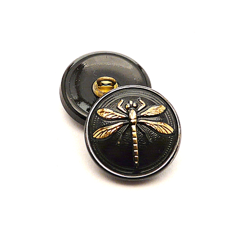 1pcs Czech Handmade Art Glass Button Round 18mm Jet Gold Dragonfly