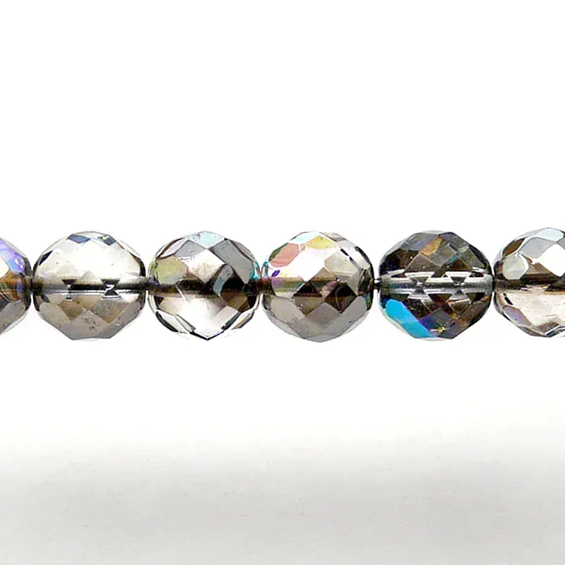 8pcs Czech Fire Polished Faceted Glass Beads Round 12mm Crystal Graphite Rainbow
