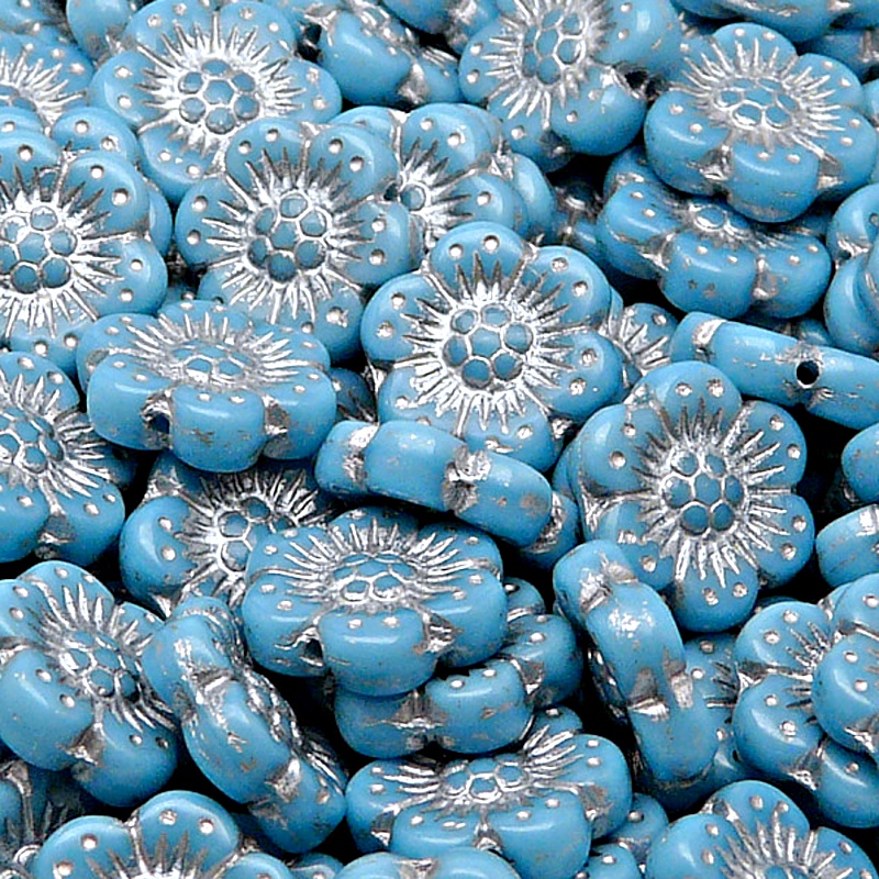 8pcs Czech Pressed Glass Flat Flower Beads 14mm Opaque Turquoise Blue Silver Fired Color