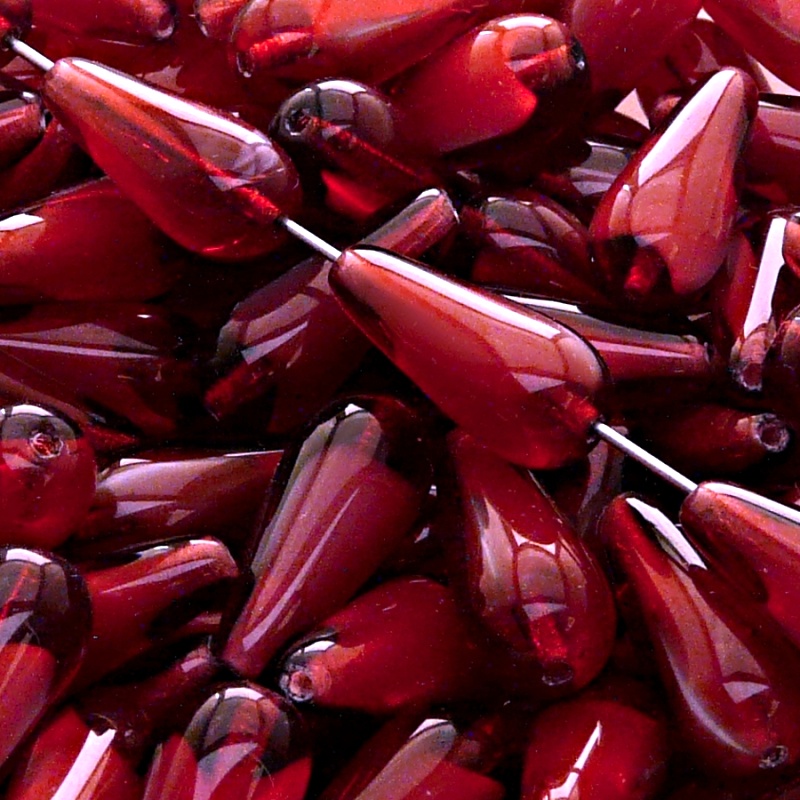 8pcs Czech Pressed Glass Drop Beads 20x9mm Ruby White Moonlight (06708)
