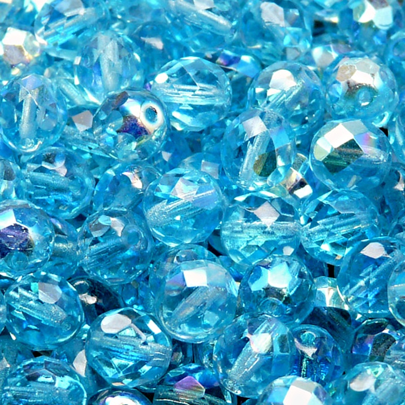 25pcs Czech Fire Polished Faceted Glass Beads Round 8mm Light Aquamarine AB