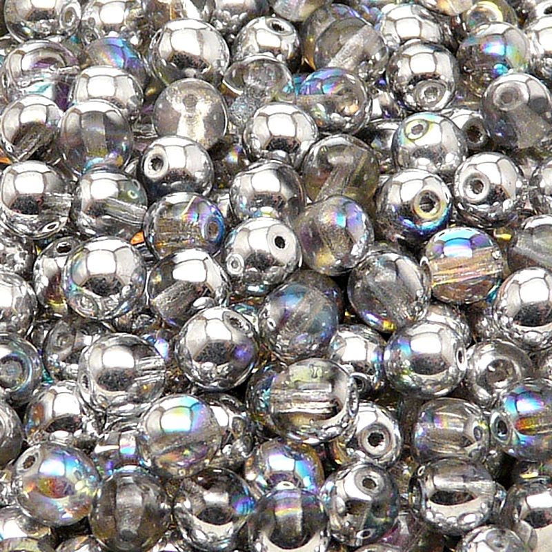 50pcs Czech Pressed Glass Round Beads 6mm Crystal Silver Rainbow
