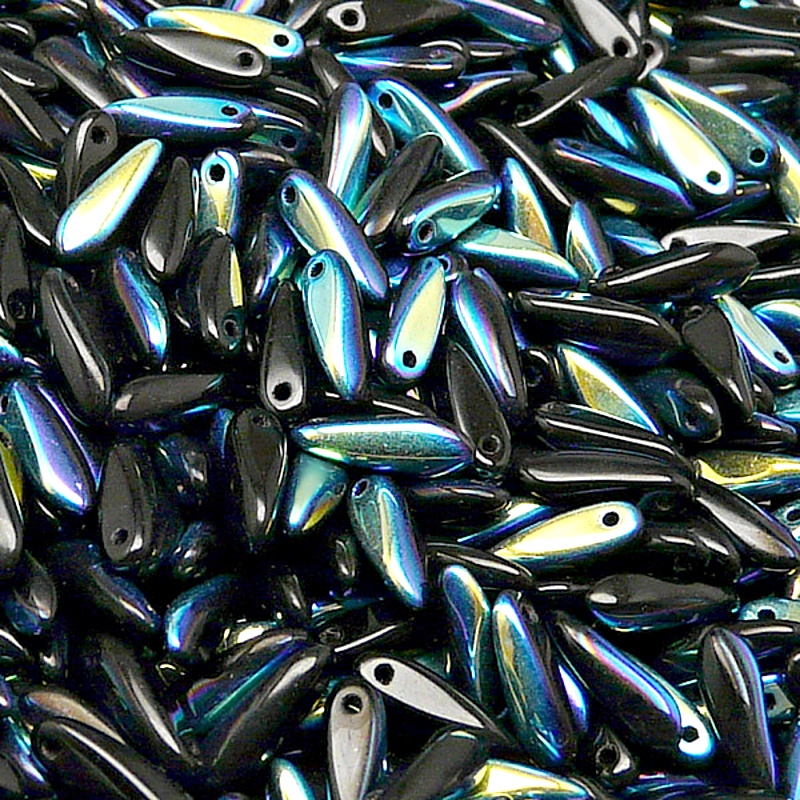 50pcs Czech Pressed Glass Dagger Beads 3x11mm Jet AB