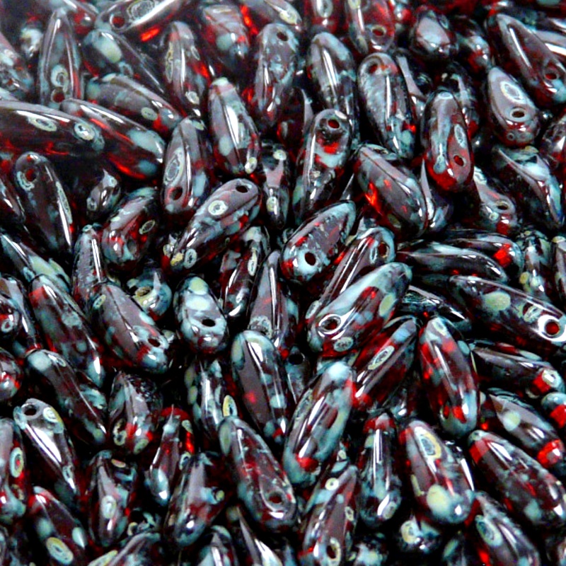 50pcs Czech Pressed Glass Dagger Beads 3x11mm Ruby Travertin