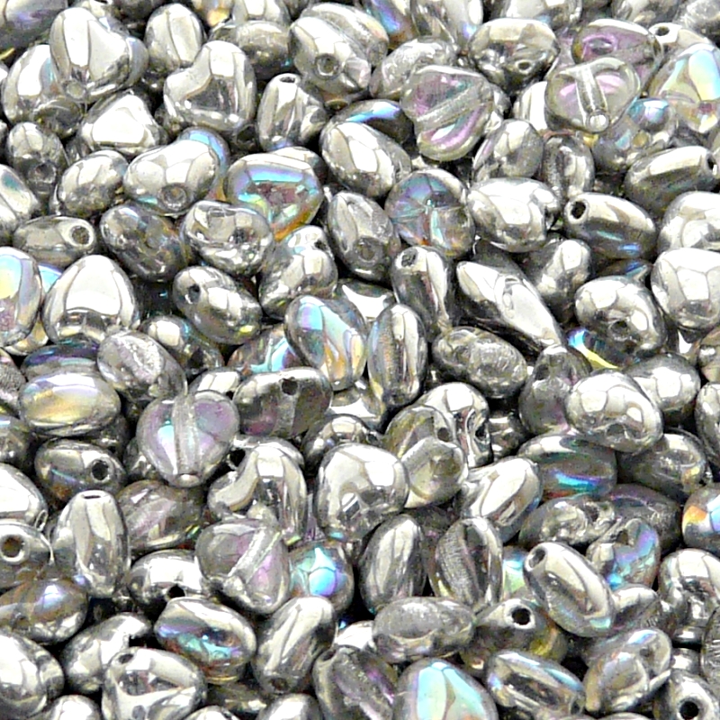 50pcs Czech Pressed Glass Heart Beads 6mm Crystal Silver Rainbow