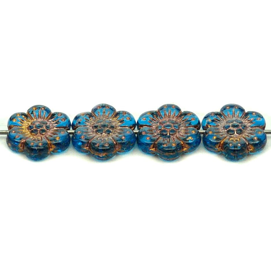 8pcs Czech Pressed Glass Flat Flower Beads 14mm Aquamarine Bronze Fired Color