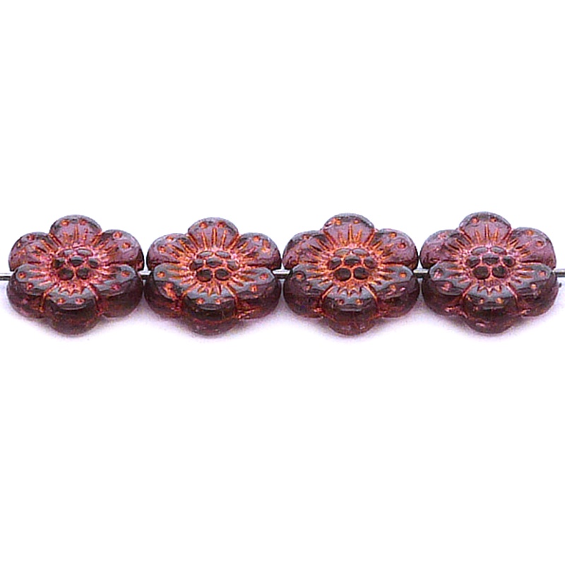 8pcs Czech Pressed Glass Flat Flower Beads 14mm Amethyst Bronze Fired Color