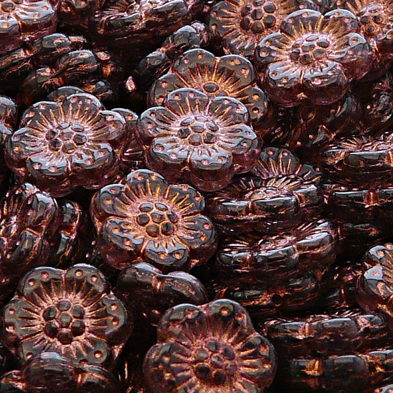 8pcs Czech Pressed Glass Flat Flower Beads 14mm Amethyst Bronze Fired Color