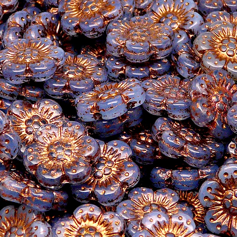 8pcs Czech Pressed Glass Flat Flower Beads 14mm Sapphire Opal Bronze Fired Color
